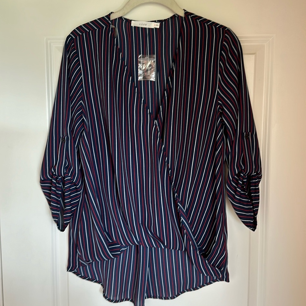 Lush Roll Tab Sleeve High/Low Blouse, Navy with Red/White Stripes, Small - NWT